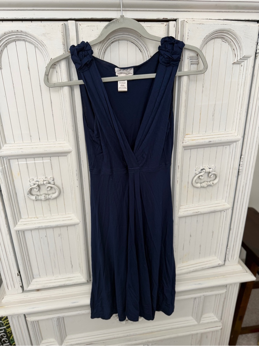 Classic Navy V-Neck Midi Dress with Rosette Shoulder Detail